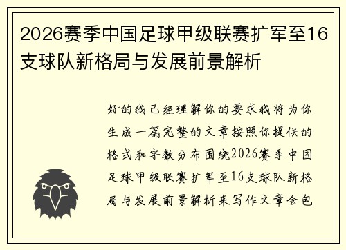 2026赛季中国足球甲级联赛扩军至16支球队新格局与发展前景解析