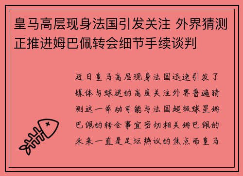 皇马高层现身法国引发关注 外界猜测正推进姆巴佩转会细节手续谈判